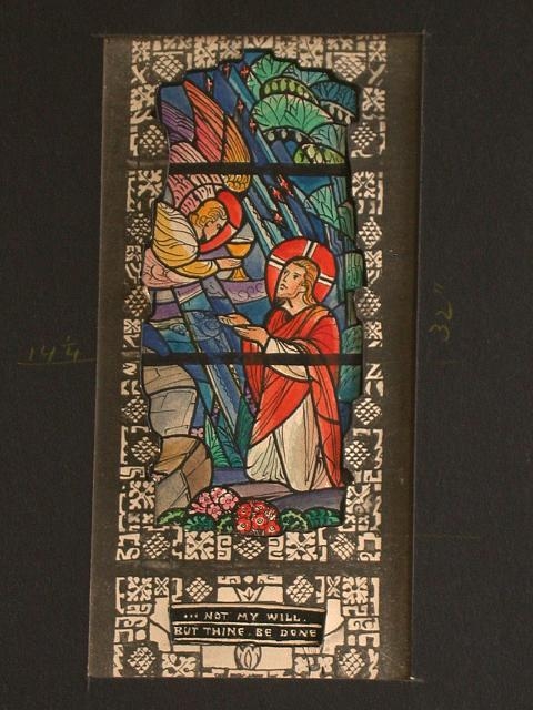[Design drawing for stained glass window with text "......