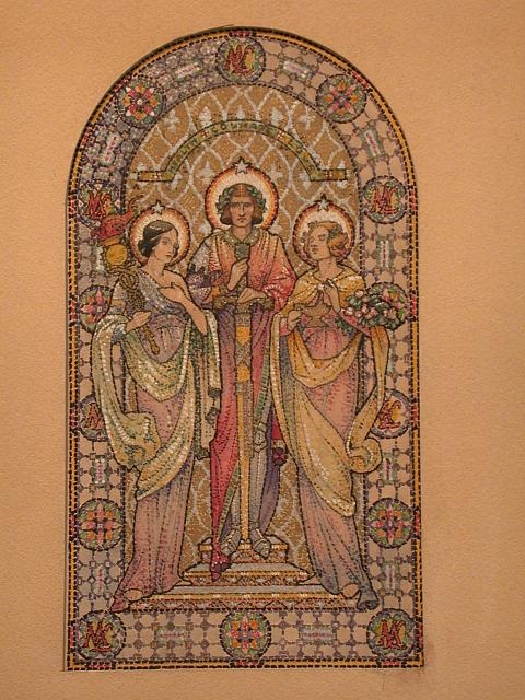 [Design drawing for mural showing 3 draped figures with...