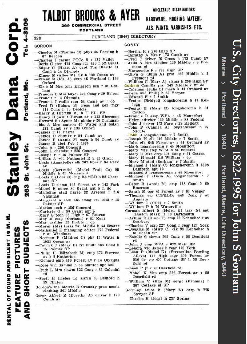 John Stephen Gorham  Sr--U.S., City Directories, 1822-1995(1940)
