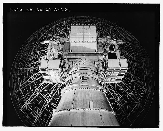 104. View of TR antenna, workers on "hanging garden,"...