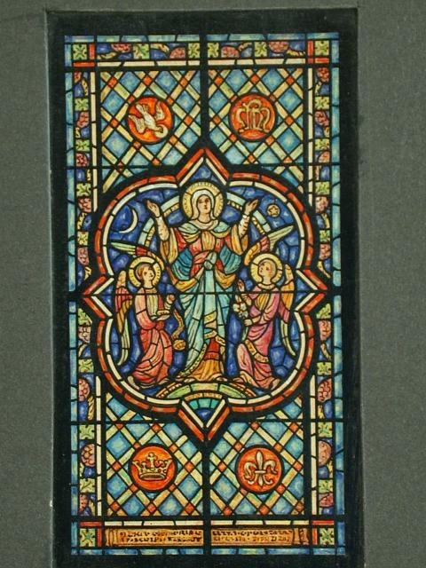 [Design drawing for stained glass window with Mary,...