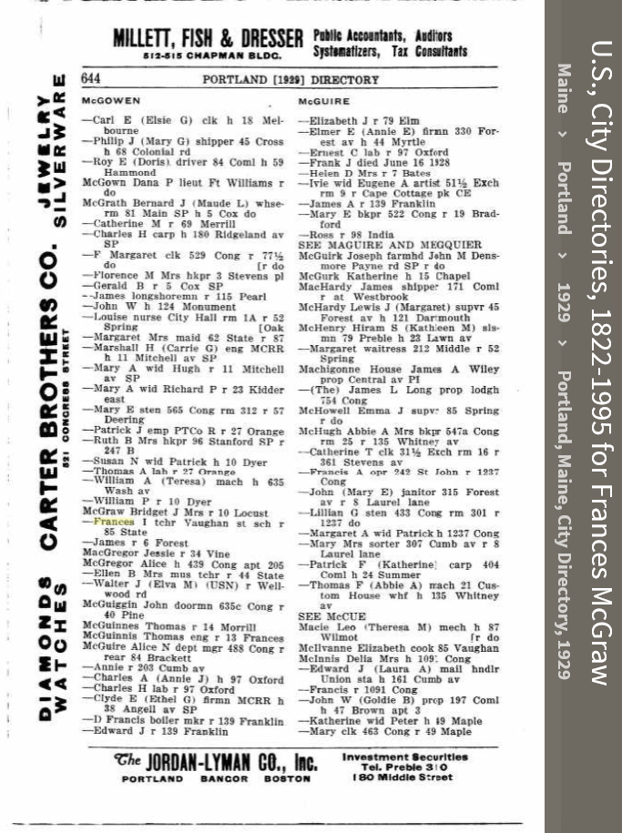 Frances Irene (Connellan) McGraw--U.S., City Directories, 1822-1995(1929)