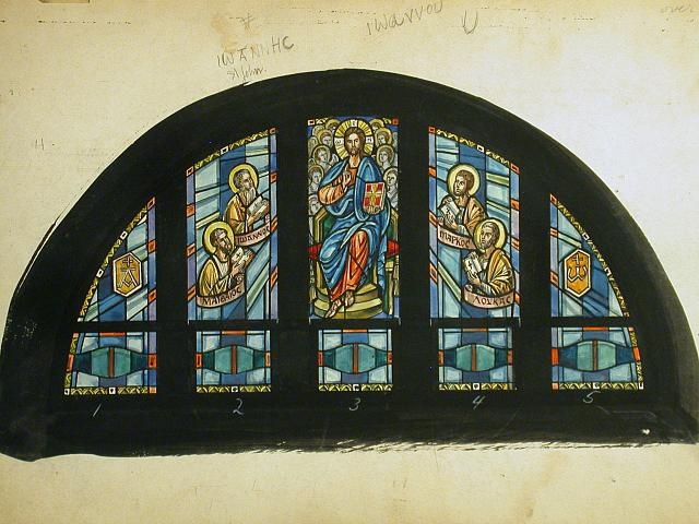[Design drawing for stained glass window with Christ...