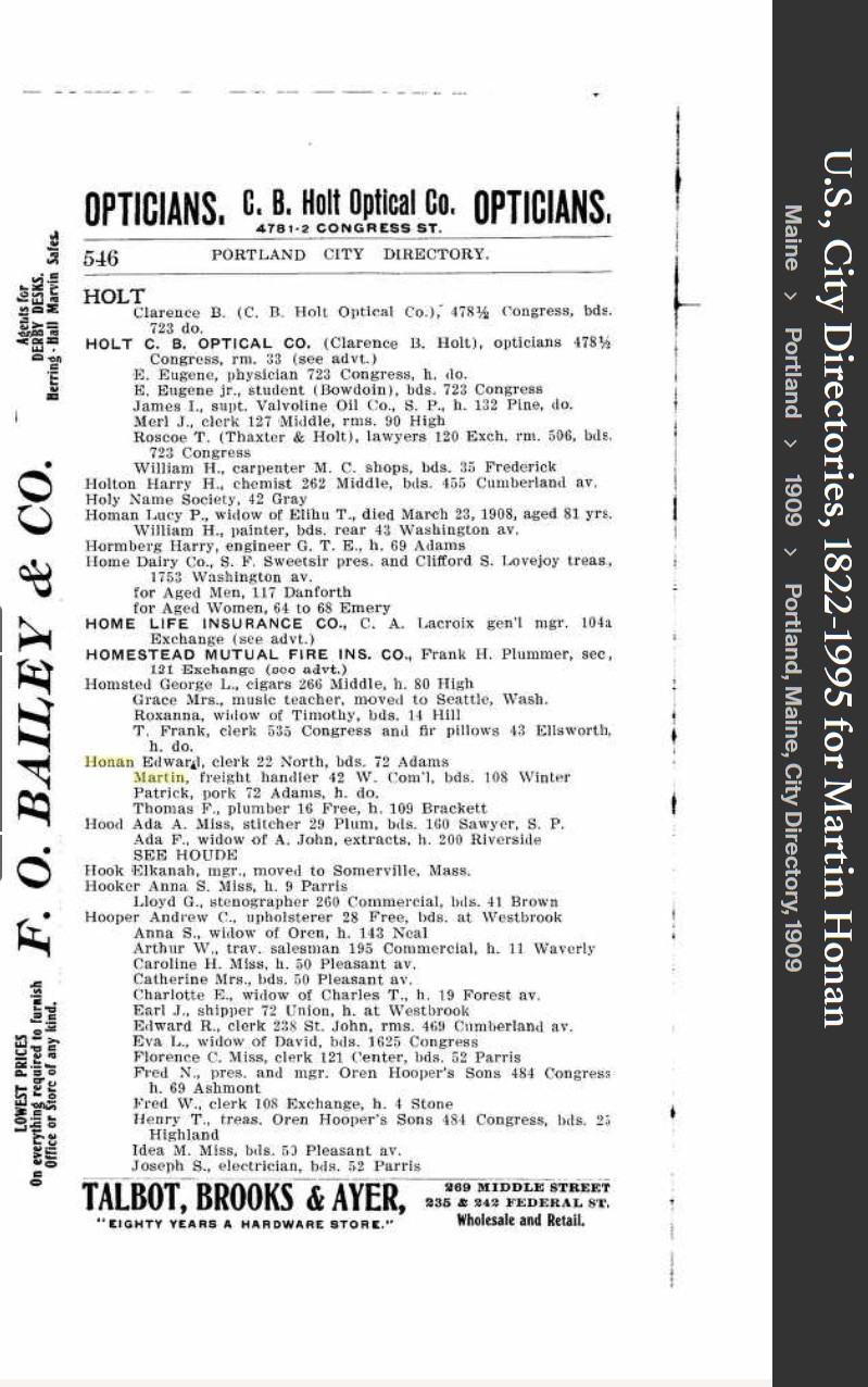 Martin Matthew Honan Sr--U.S., City Directories, 1822-1995(1909)