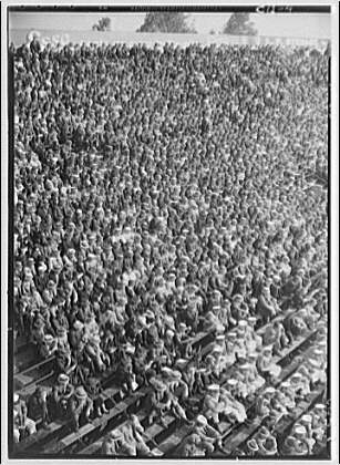 Crowds of people. Crowd sitting in bleachers at Griffith...