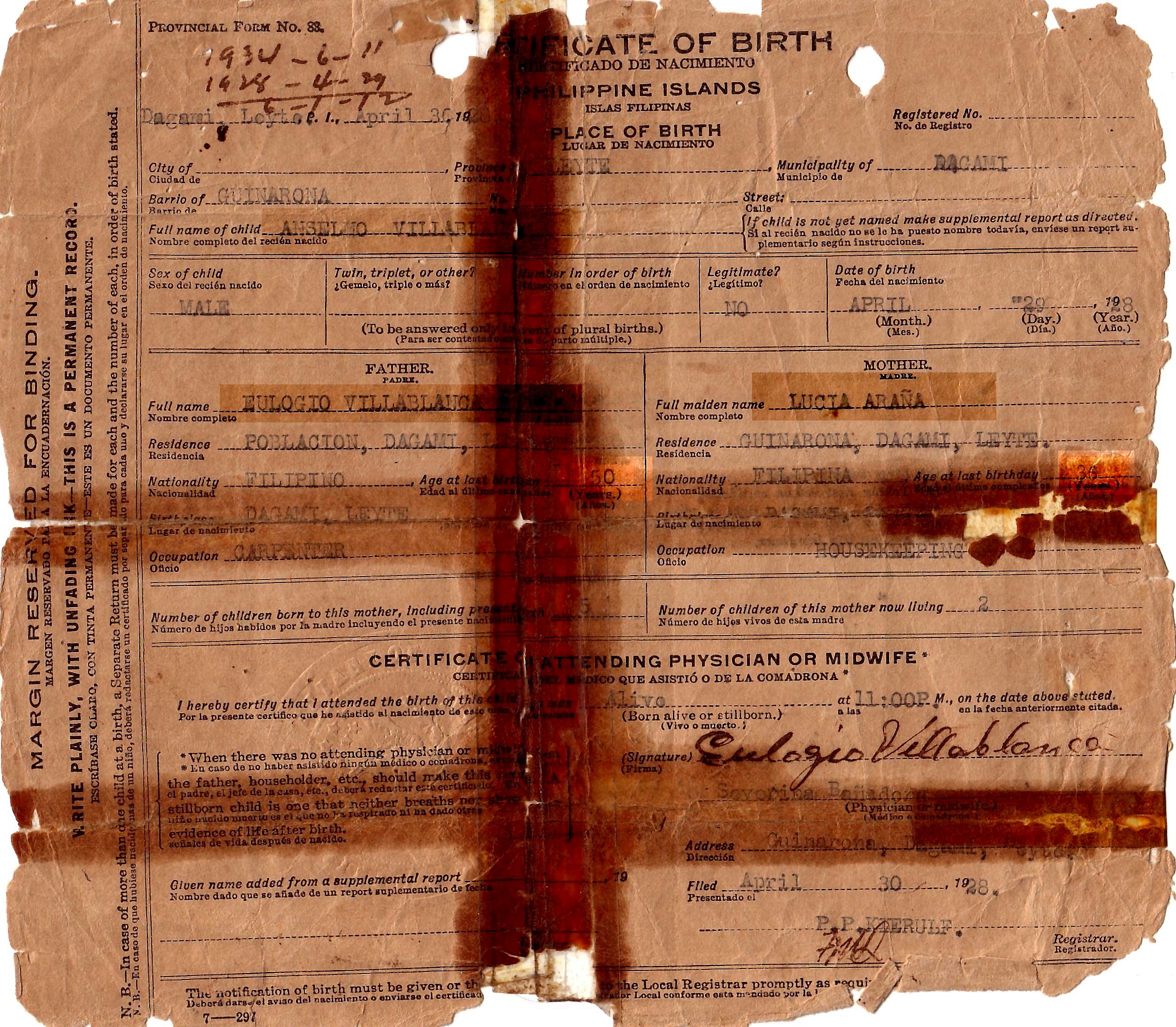 Anselmo Araña Villablanca birth certificate