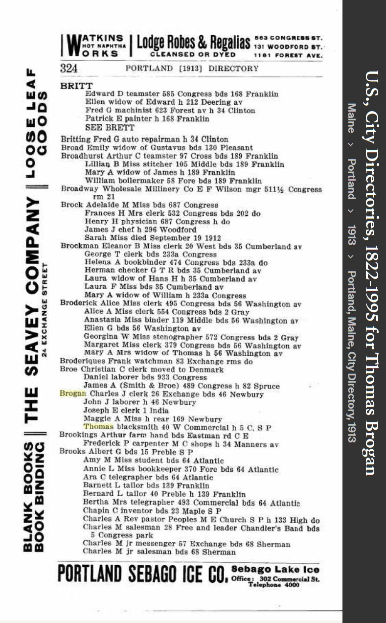 Thomas Michael Brogan --U.S., City Directories, 1822-1995(1913)