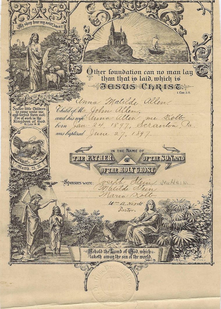 Anna Allen Engel Baptismal certificate