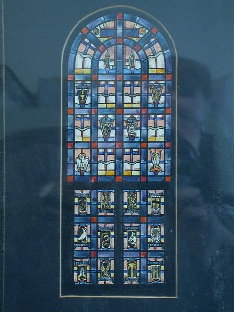 [Design drawing for stained glass window with symbols for...