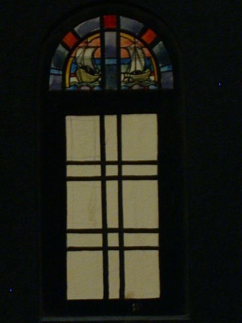 [Design drawing for glass window, topped with stained...