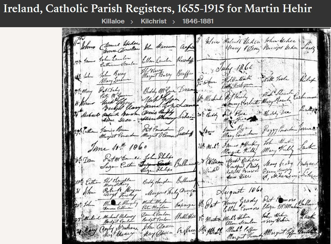 Martin Scanlan O'Hare--Ireland, Catholic Parish Registers, 1655-1915(5 Aug 1860)