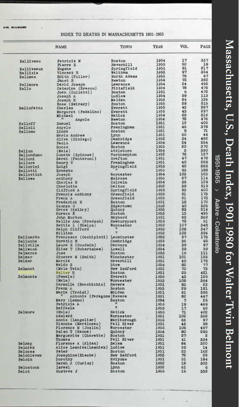 Walter Henry Belmont Jr--Massachusetts, U.S., Death Index, 1901-1980(1951)
