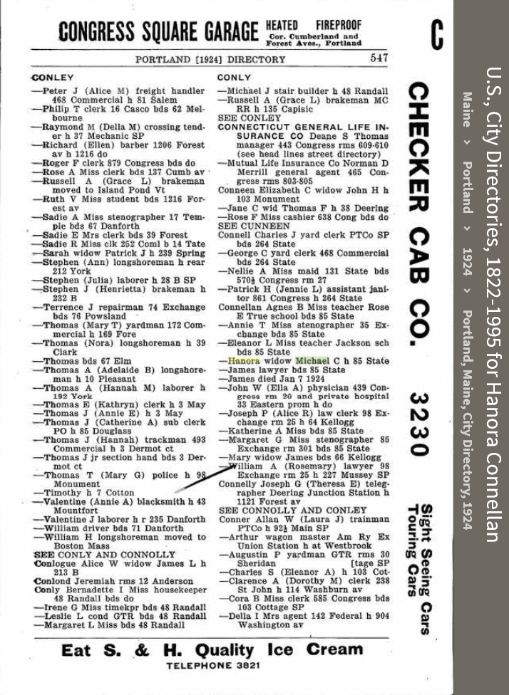 Honora (Hehir) Connellan--U.S., City Directories, 1822-1995(1924)