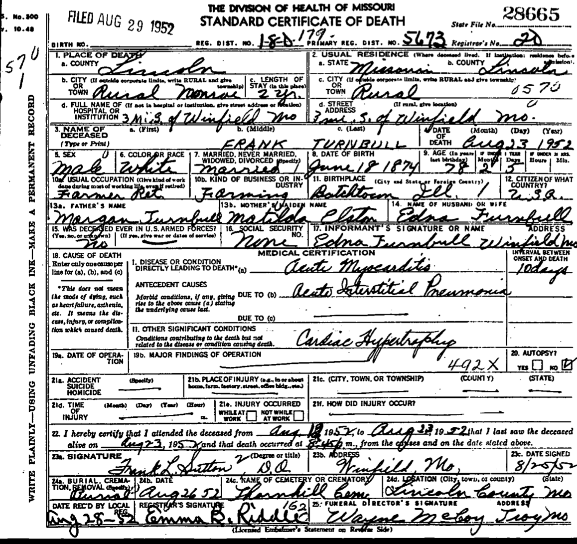 Frank Turnbull Death Certificate