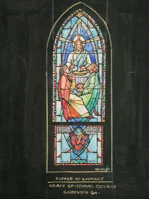 [Design drawing for stained glass window showing "Supper...