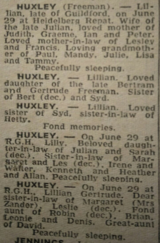Lillian Gertrude Huxley Obituary