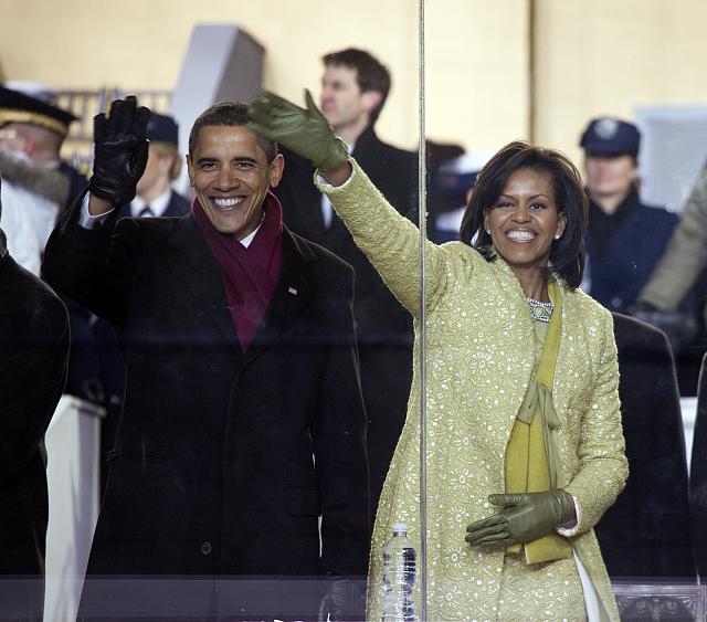 2009 Inaugural Parade. Michelle and Barack Obama watch...