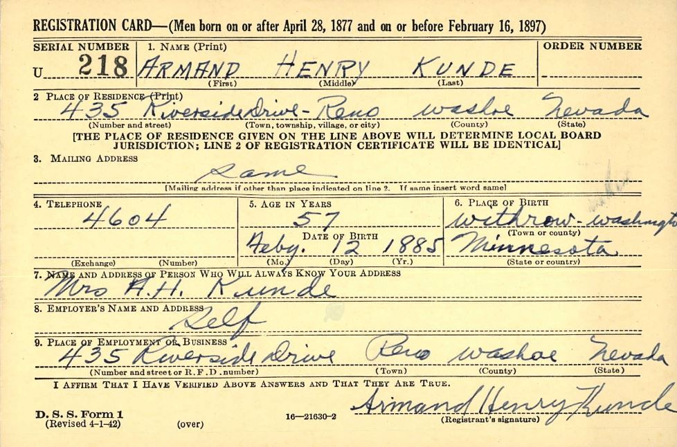 World War II Draft Registration Card 1942 - Armand Henry Kunde