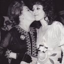 Ethel Merman kissing her daughter-in-law, Barbara Colby.