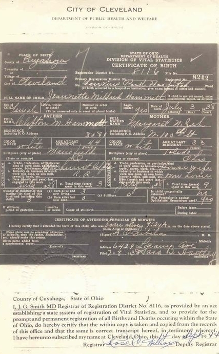 Jeanette Mildred Hammett Birth Certificate