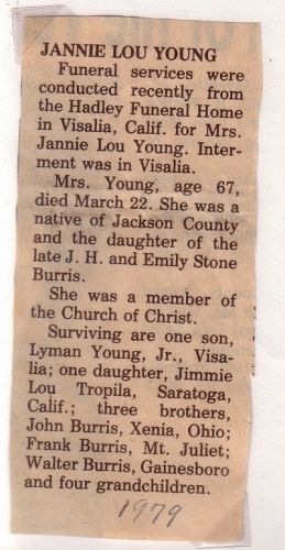 Jannie Lou BURRIS Young obit. 20 August 1911 - 22 March 1979