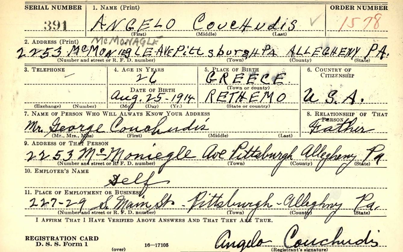 Angelo Couchudis WWII Draft Card