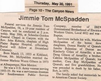 1991 Obituary for Jimmie Tom McSpadden