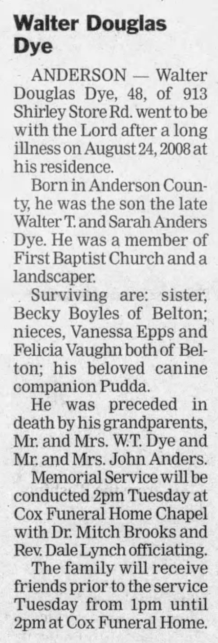 Walter Douglas Dye Obituary 