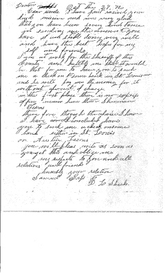 Letter from Sam Bass in Denton, TX to His Uncle, David L. Sheeks in Mitchell, IN, Oct 27, 1872