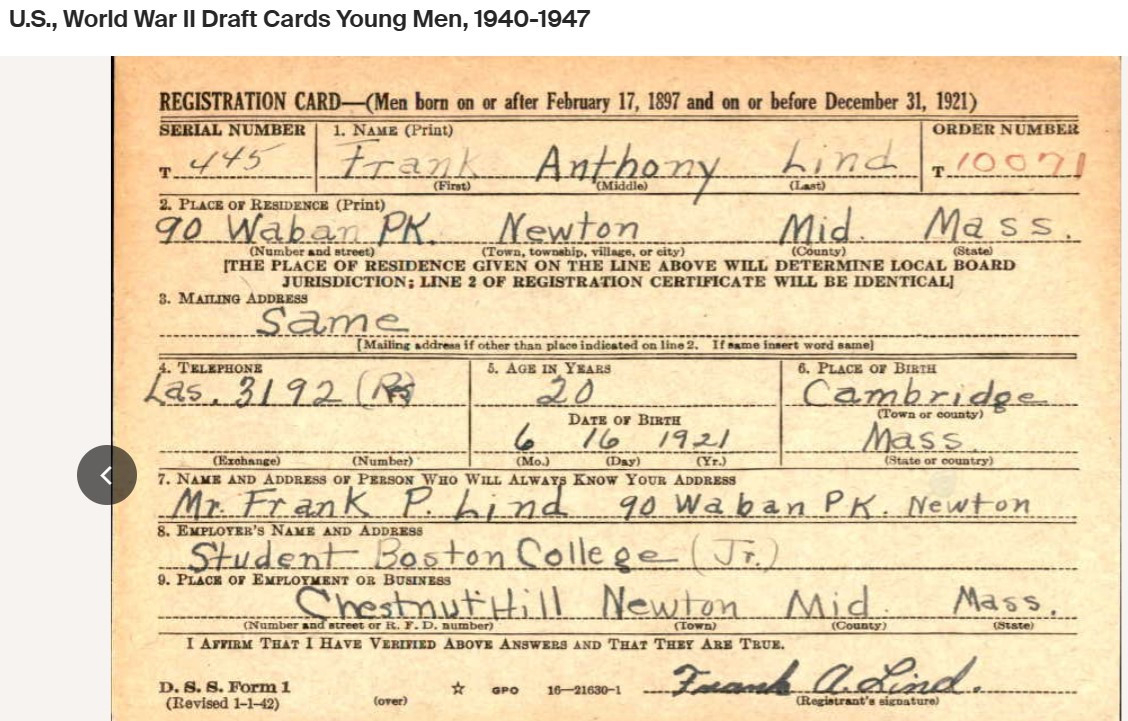 Francis Anthony "Frank" Lind--U.S., World War II Draft Cards Young Men, 1940-1947 (16 feb 1942)front