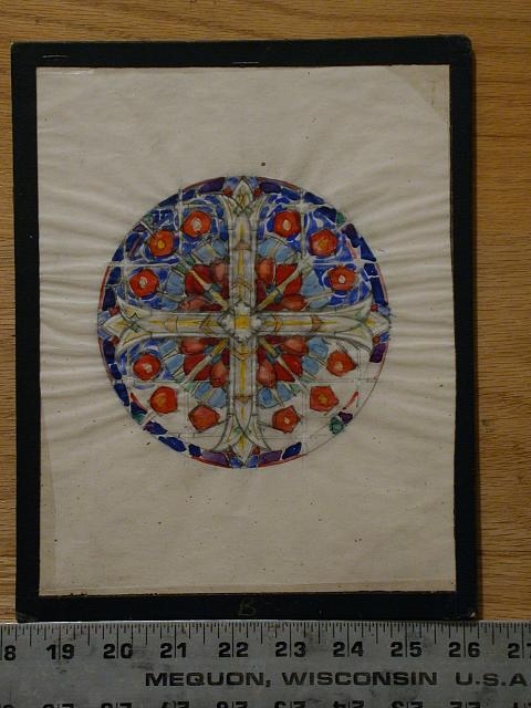 [Design drawing for stained glass rose window with cross;...