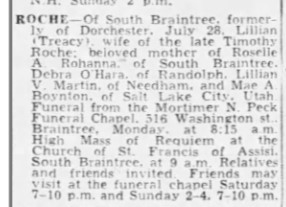 Lillian Treacy-Roche--Obituary Boston Globe,Boston, Massachusetts pg 6,(29 jul 1961)