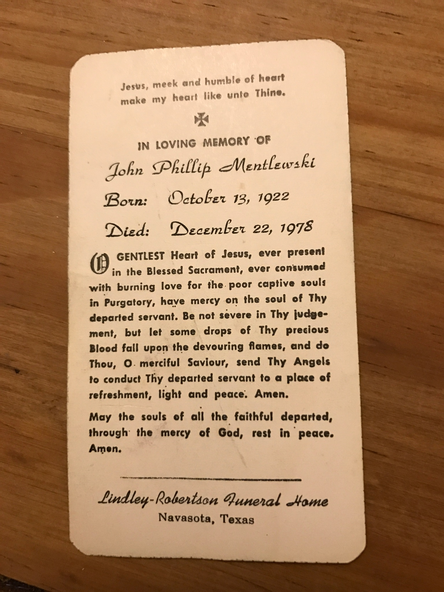 John Philip Mentlewski Funeral Card