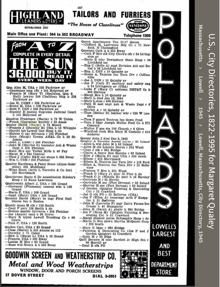 Margaret E. (Hehir) Quealey--U.S., City Directories, 1822-1995(1945)