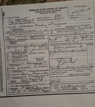 James Finley Irwin death certificate