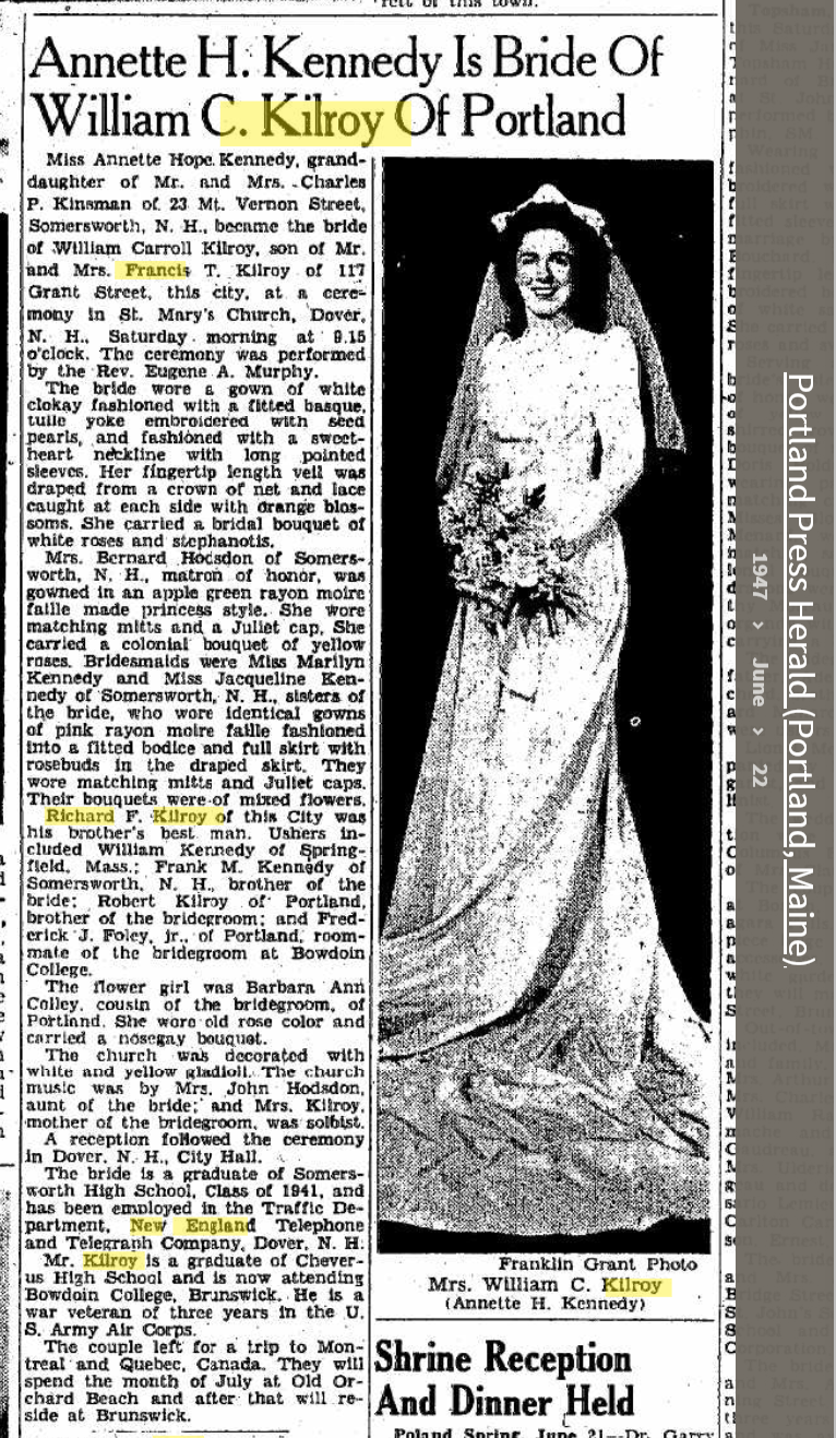 Annette Hope Kennedy-Kilroy--Portland Press Herald (Portland, Maine)(22 jun 1947)