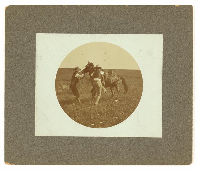 Mounting a "bronc" / photo by Erwin E. Smith, Bonham, Texas.