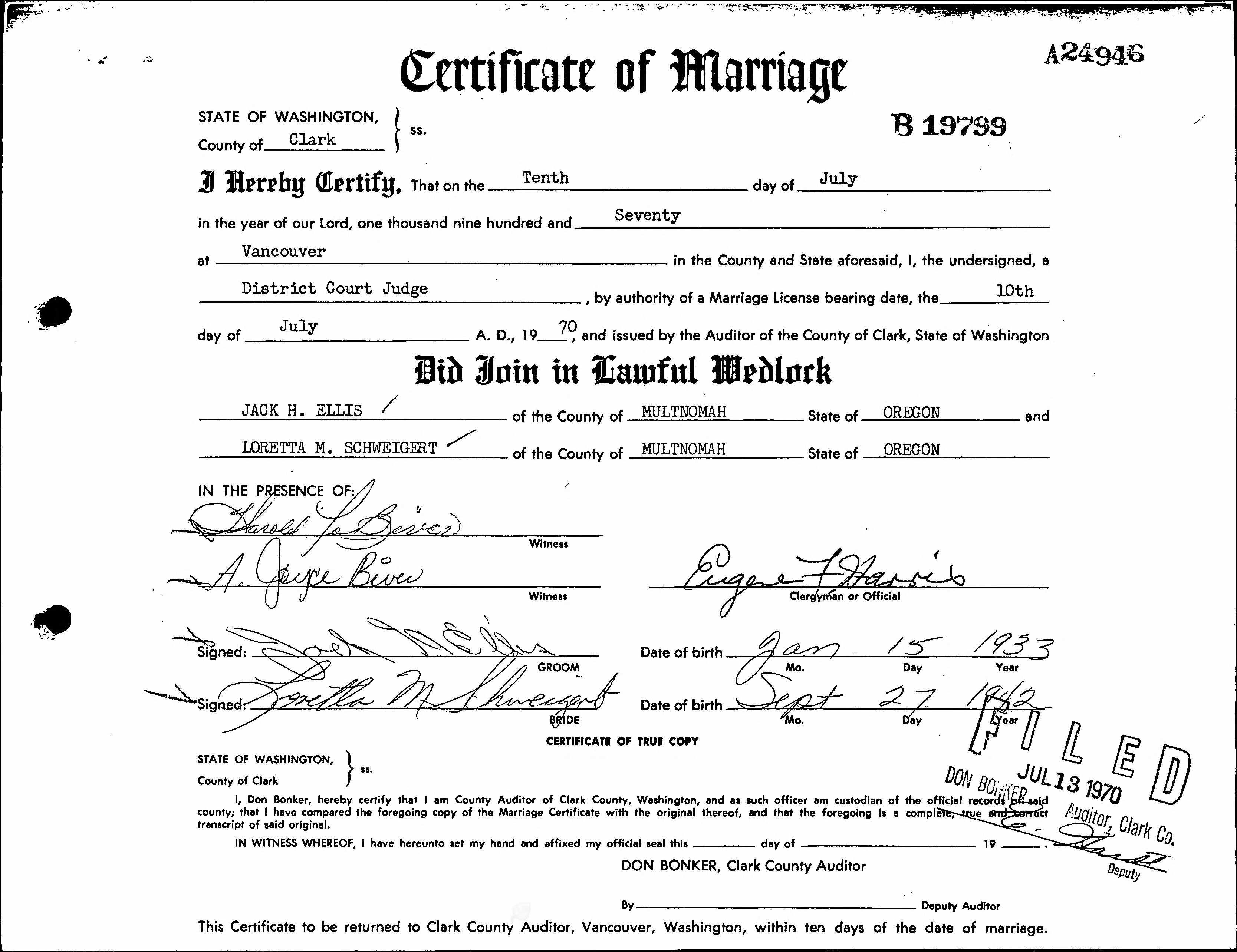 Certificate of Marriage ~ Schweigert & Ellis