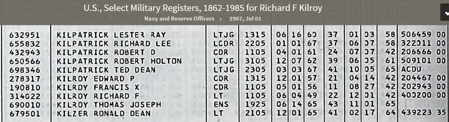 Richard Francis Kilroy--U.S., Select Military Registers, 1862-1985(1 jul1967)
