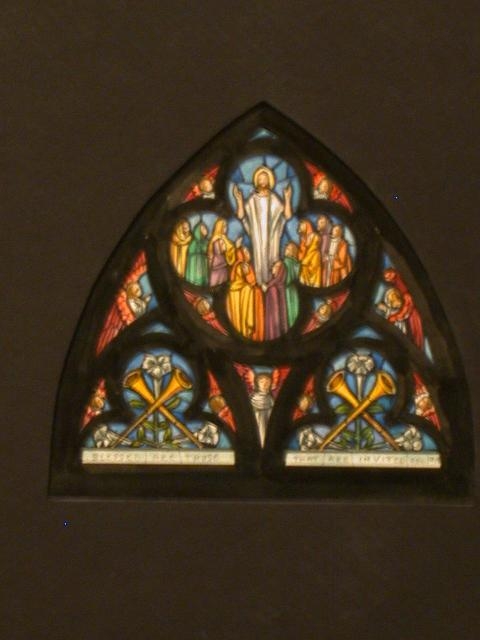 [Design drawing for stained glass window with trumpets,...