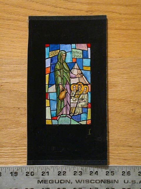 [Design drawing for stained glass with text "Sarah,...