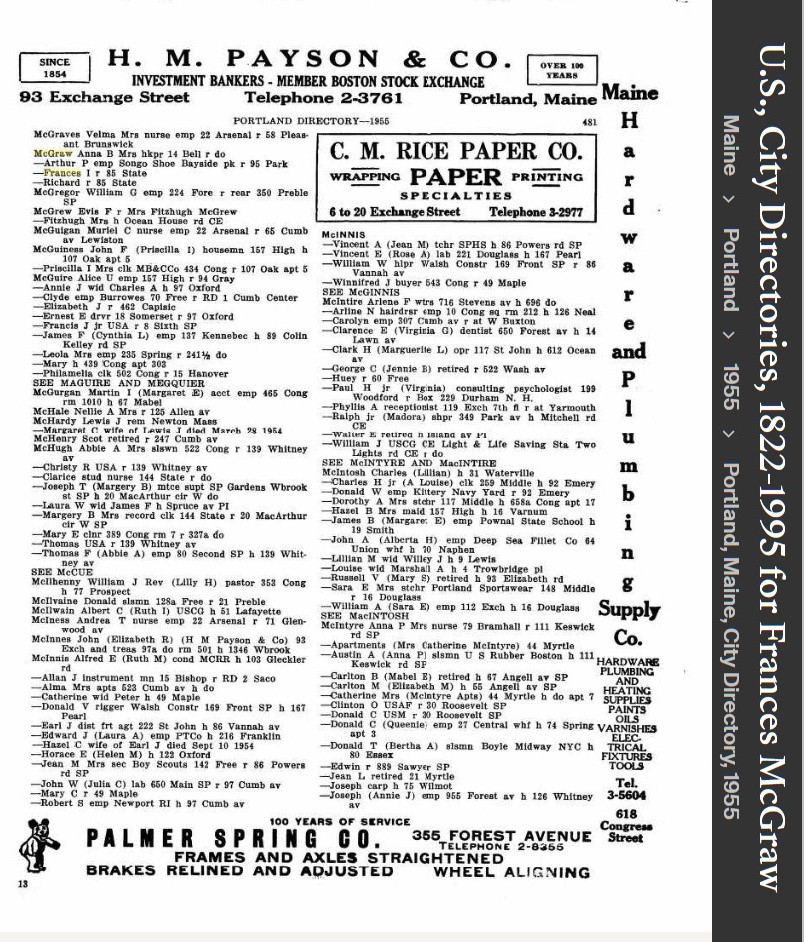 Frances Irene (Connellan) McGraw--Frances Irene Connellan-McGraw--U.S., City Directories, 1822-1995(1955)a