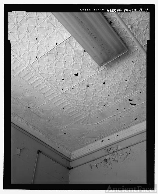 INTERIOR VIEW, DETAIL OF TIN CEILING PANELS, FACING...