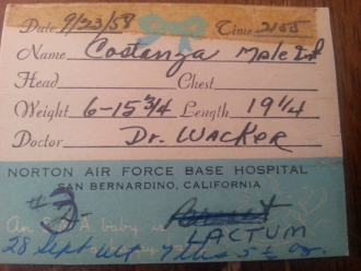 Anthony Costanza Jr. Birth Card