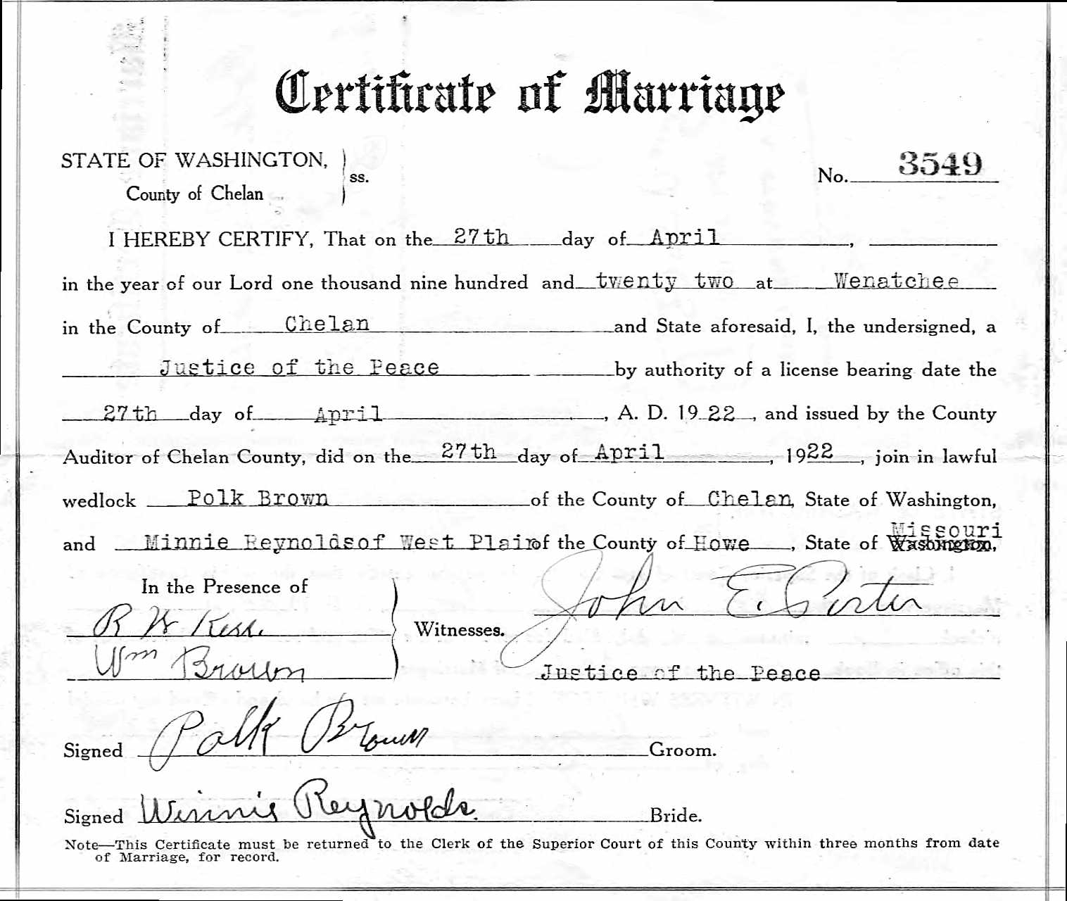 Effie Winnie (Agee) Reynolds Marriage License
