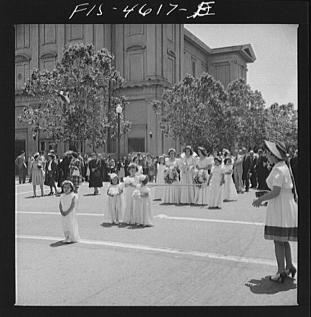 Queen and her court in the parade of the fiesta of the...