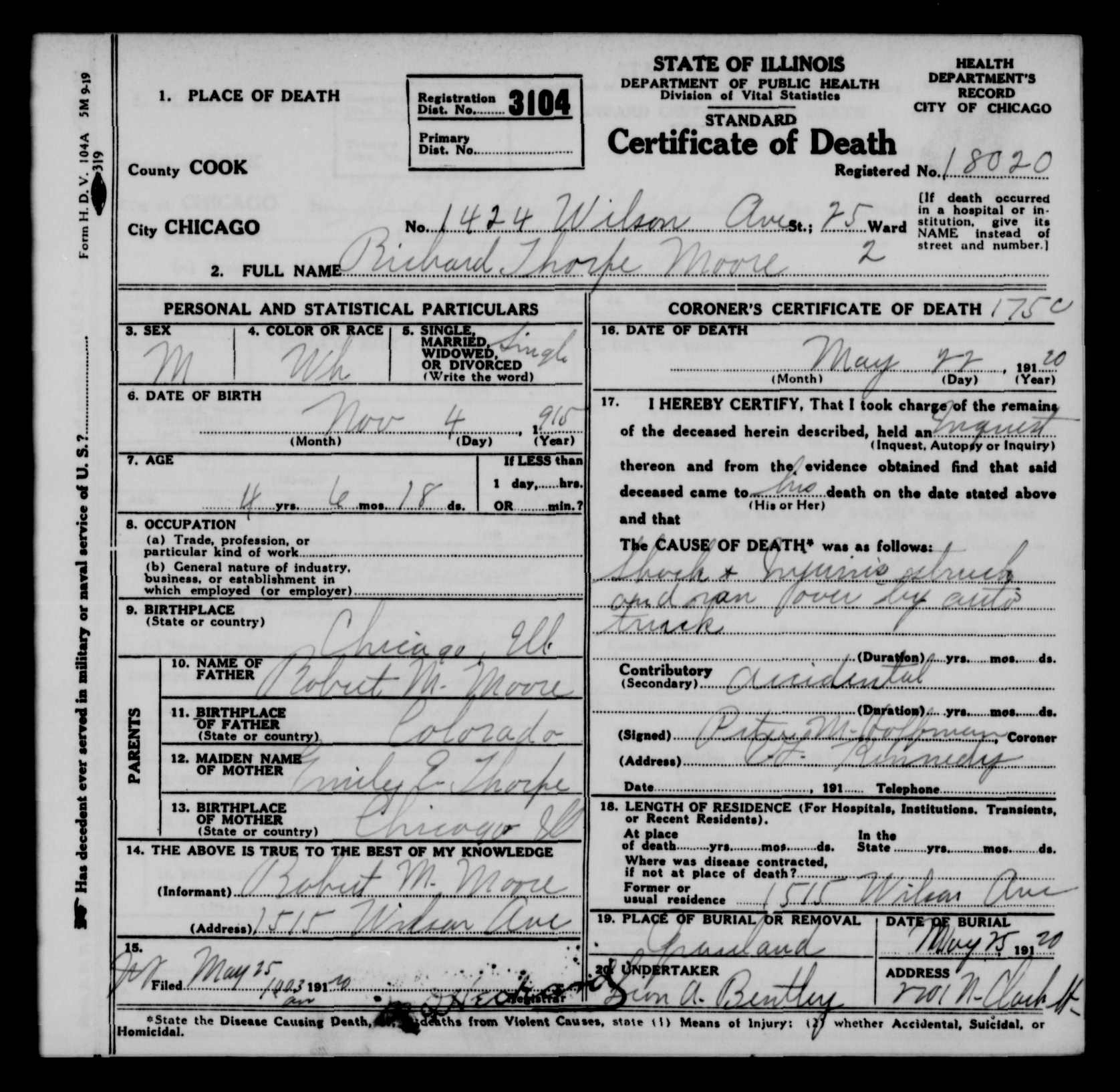 Richard Thorpe Moore death certificate