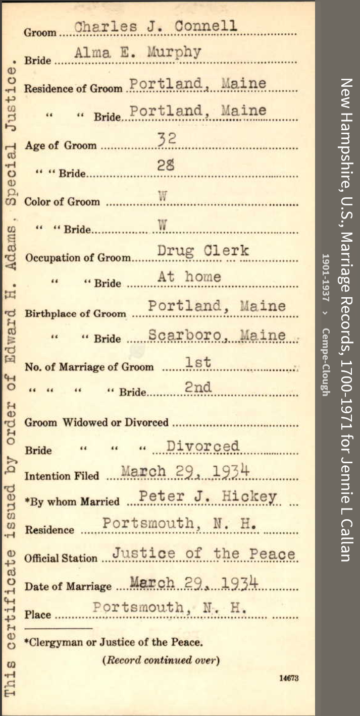 Charles J Connell--New Hampshire, U.S., Marriage Records, 1700-1971(29 mar 1934) front