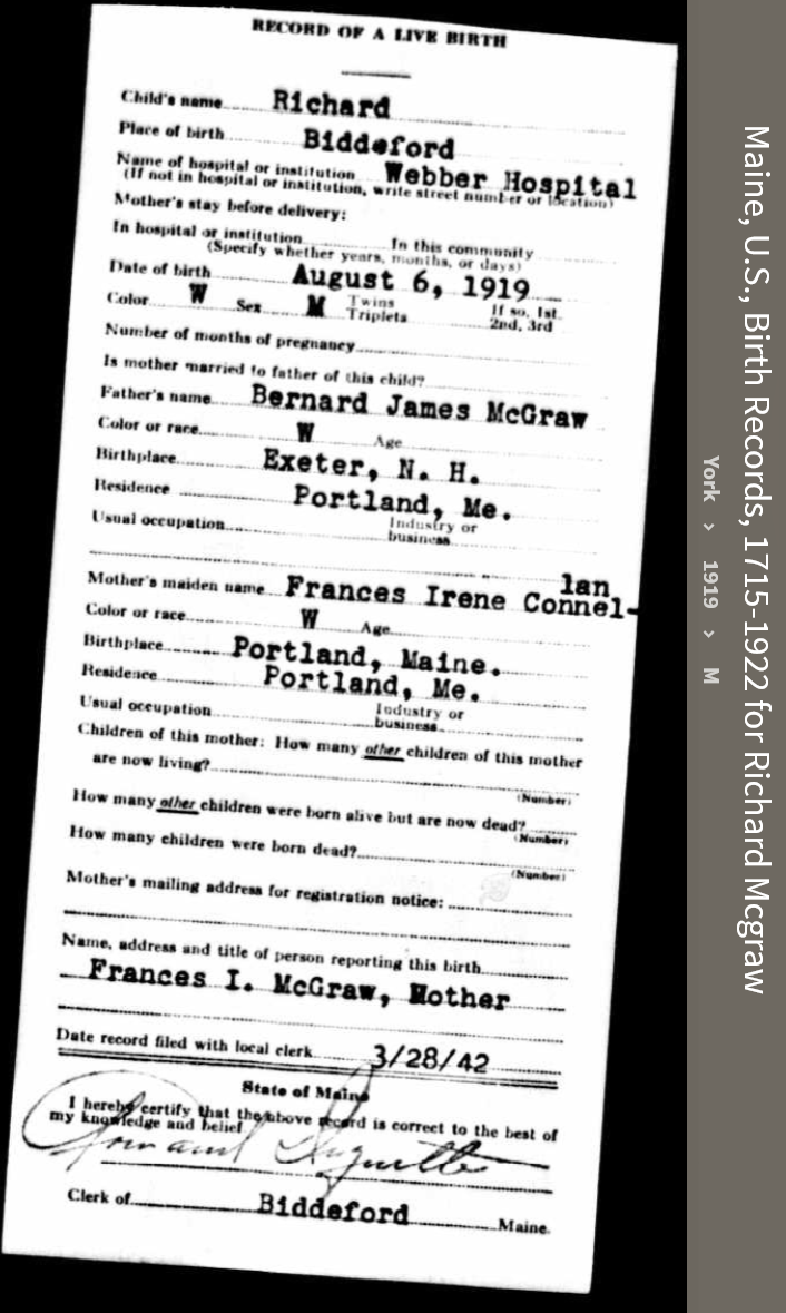 Richard Bernard McGraw--Maine, U.S., Birth Records, 1715-1922(1919)