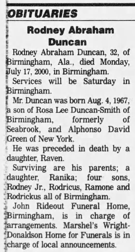 Rodney Abraham Duncan Obituary